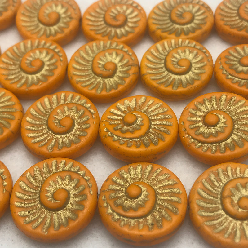 Nautilus Coin Czech Beads, 18mm, Orange Gold