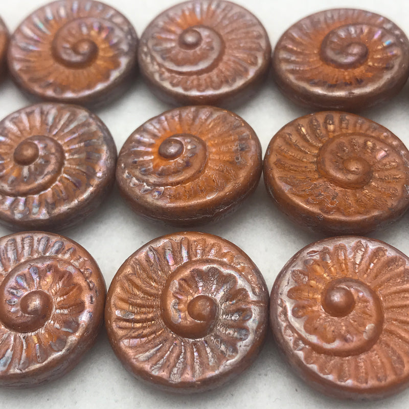 Nautilus Coin Czech Beads, 18mm, Red Orange