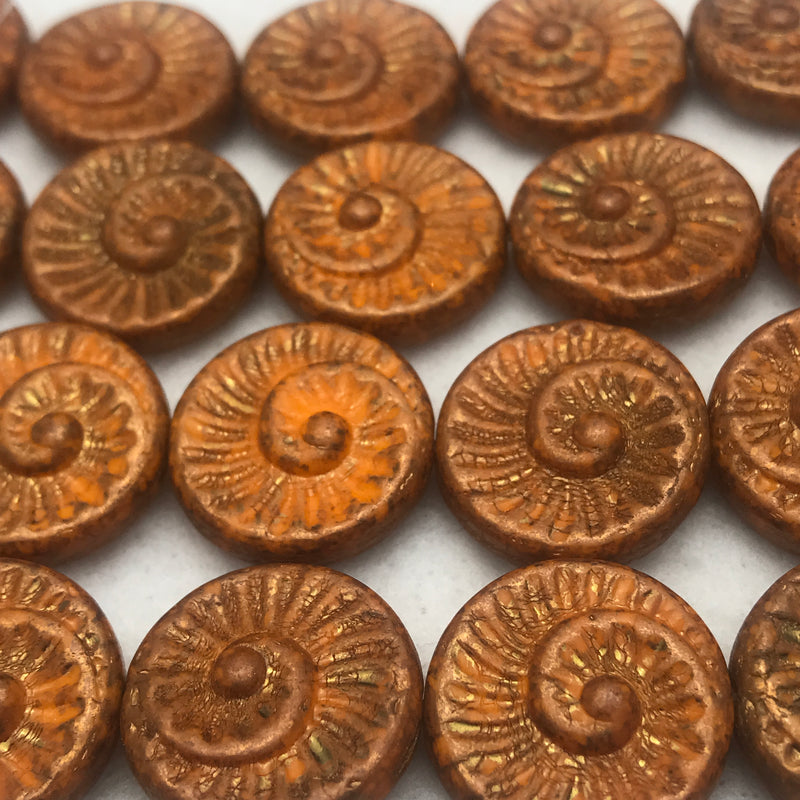 Nautilus Coin Czech Beads, 18mm, Burnt Orange