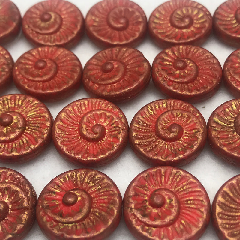 Nautilus Coin Czech Beads, 18mm, Blood Red