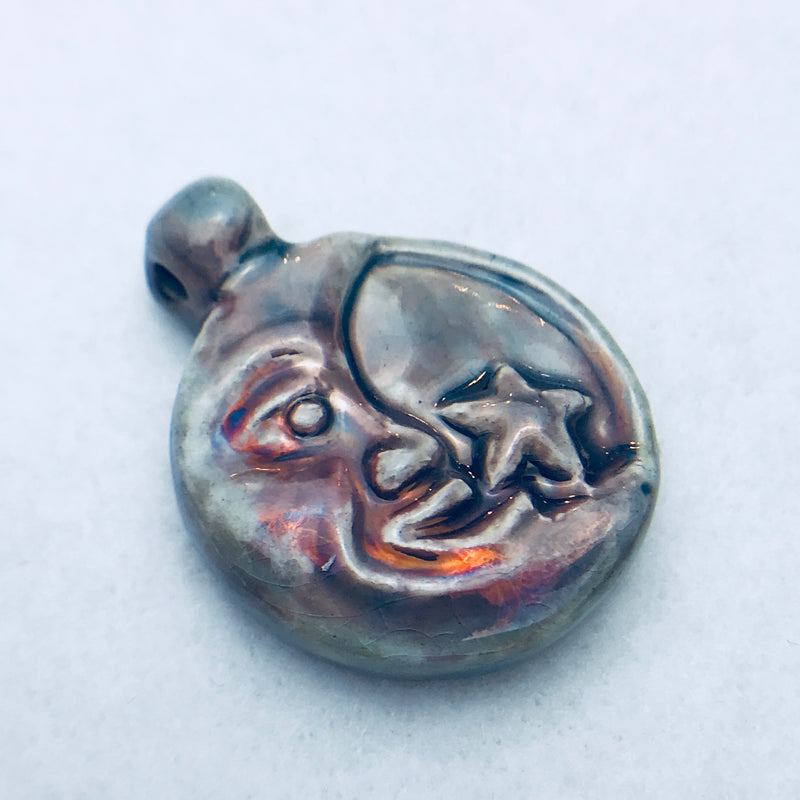 Moon Face Peruvian Ceramic Pendant, 30mm, Blue
