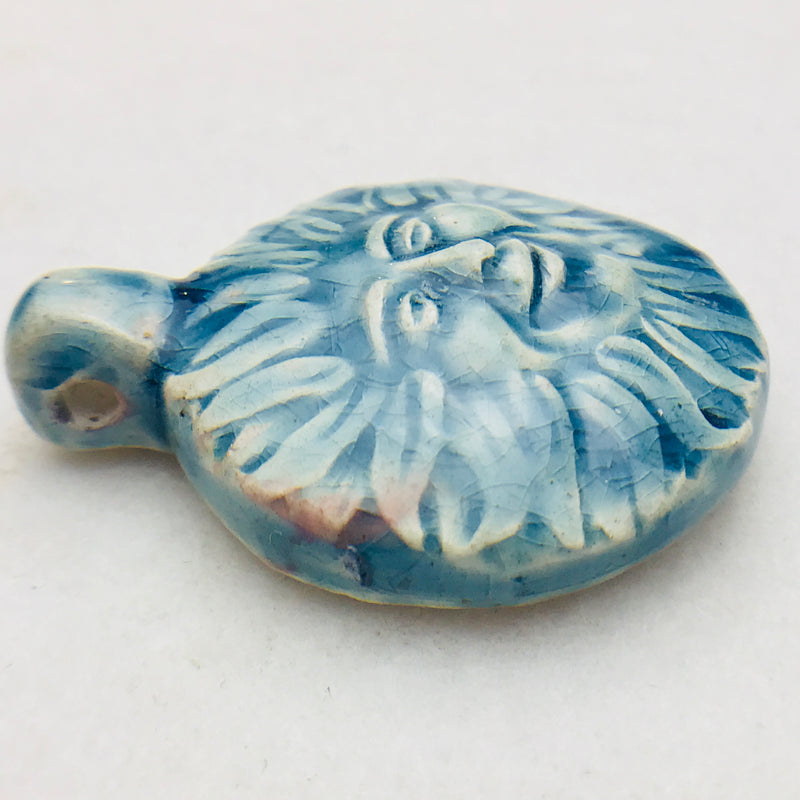 Sun Face Peruvian Ceramic Pendant, 32mm, Blue