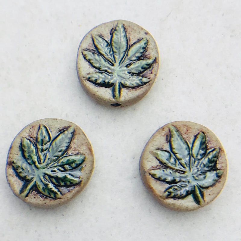 Marijuana Coin Ceramic Raku Bead, 12mm