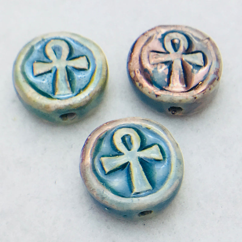 Ankh Coin Ceramic Bead, Blue, 12mm