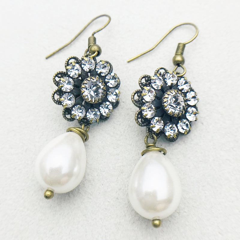Claudette Antiqued Brass and White Mother of Pearl Drop Earrings