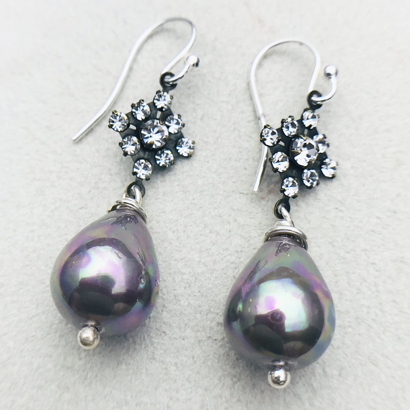 Lorina Vintage Crystal and Grey Mother of Pearl Drop Earrings