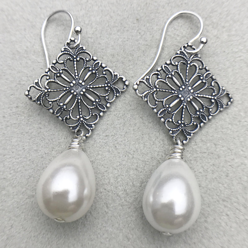 Vintage silver and mother of pearl drop earrings
