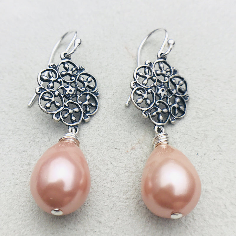 Alexa Vintage Peach Mother of Pearl Drop Earrings