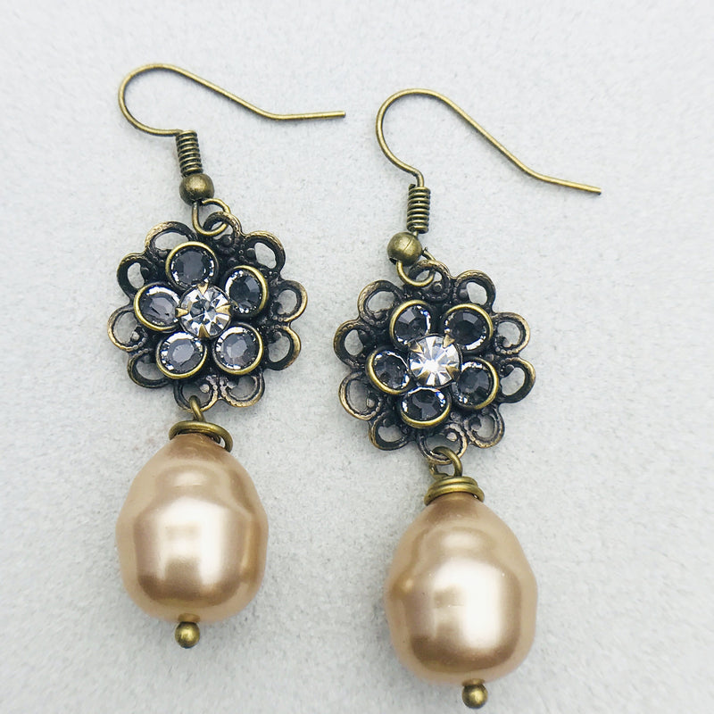 Flora Antiqued Brass and Gold Mother of Pearl Drop Earrings