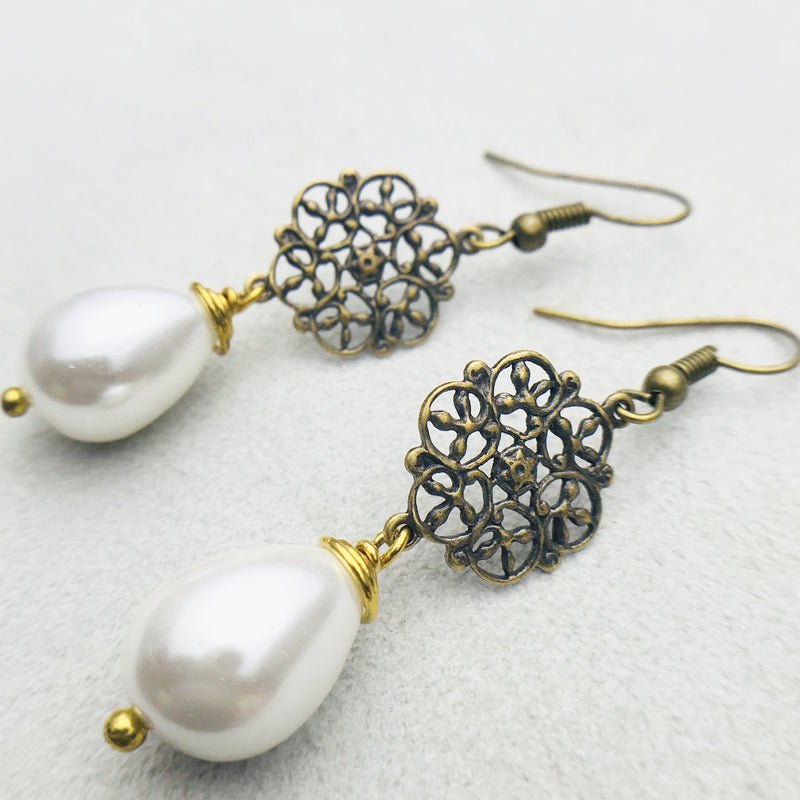 Alexa Antiqued Brass and White Mother of Pearl Drop Earrings