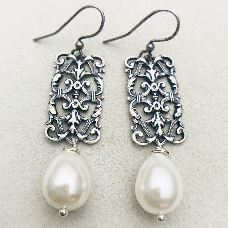 Vintage silver and white mother of pearl drop earrings