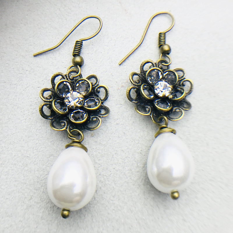 Simone Antiqued Brass and White Mother of Pearl Drop Earrings