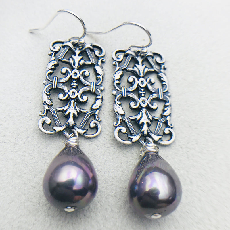 Penelope Vintage Grey Mother of Pearl Drop Earrings