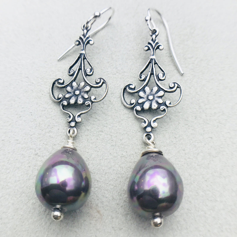 Gabriela Vintage Silver and Grey Mother of Pearl Drop Earrings