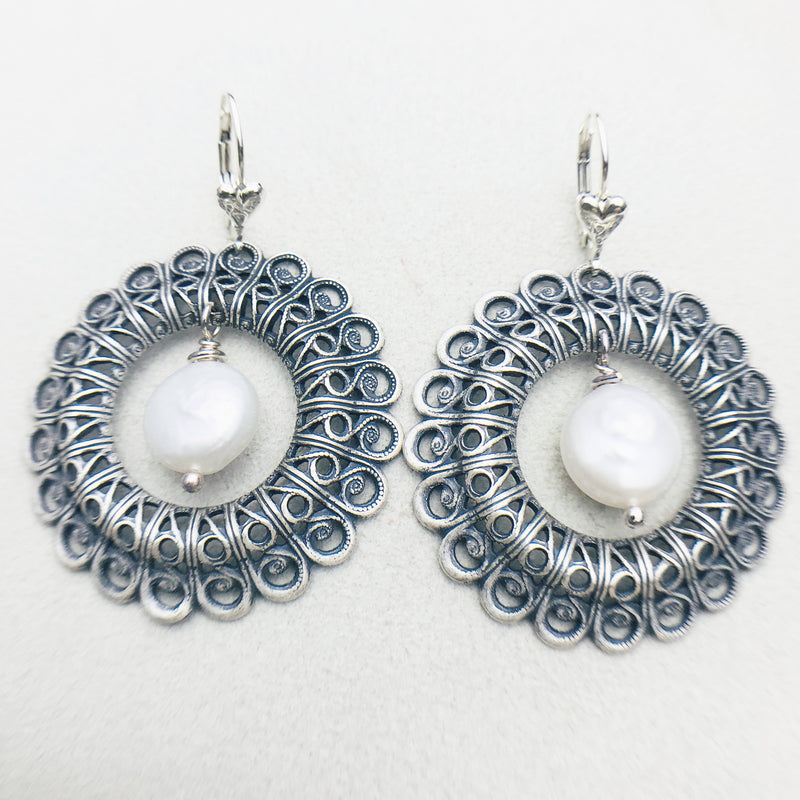 Daphne Vintage Silver Hoop and White Mother of Pearl Drop Earrings