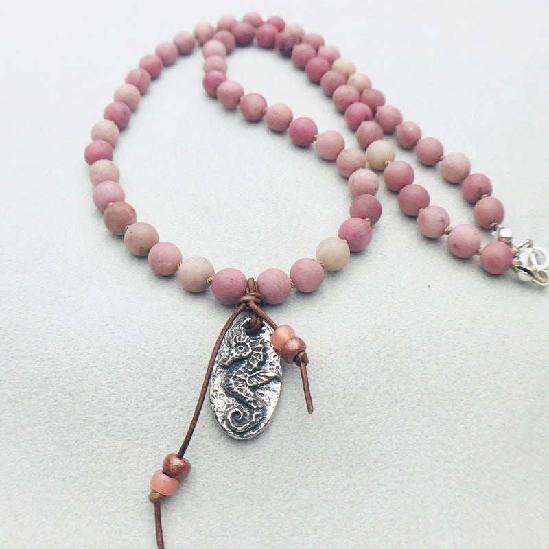 Pink Rhododchrosite Seahorse charm necklace