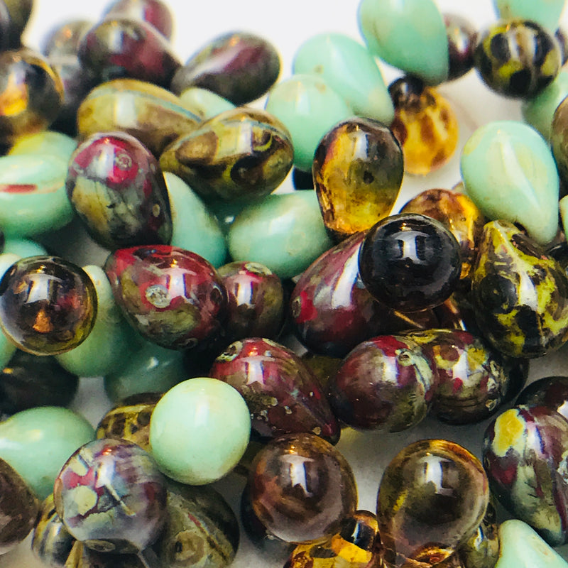 Drop Czech Glass Beads, Picasso Mix, 6x9mm