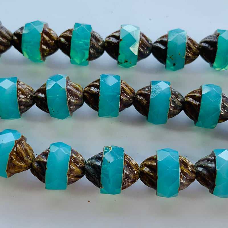 Turbine Czech Bead Aqua Opal Travertine 11x10mm