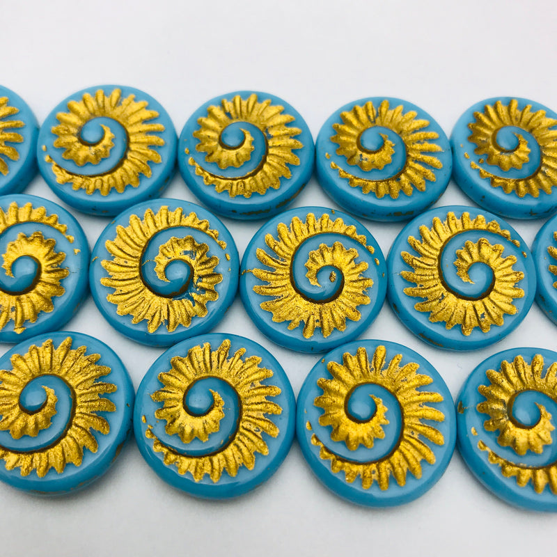 Nautilus Coin Czech Beads, 18mm, Turquoise with Gold