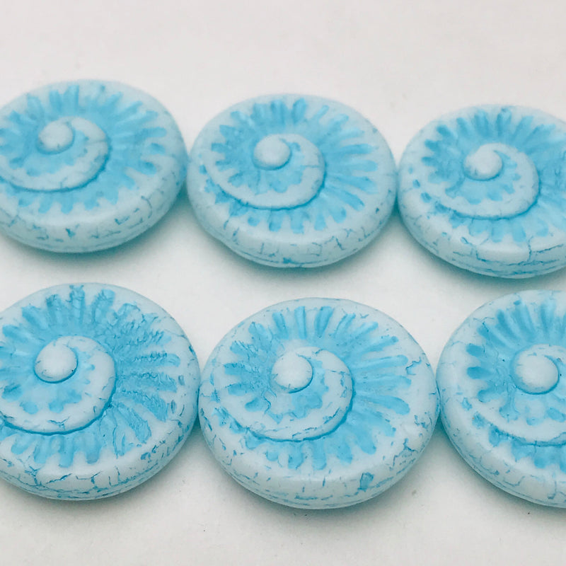 Nautilus Coin Czech Beads, 18mm, White with Aqua