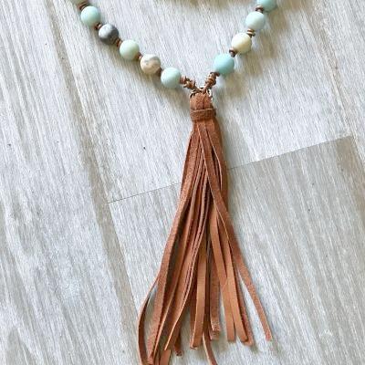 Long Amazonite and Leather Knotted Tassel Necklace