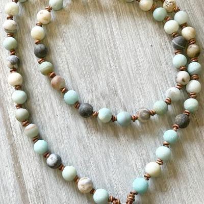 Long Amazonite and Leather Knotted Tassel Necklace