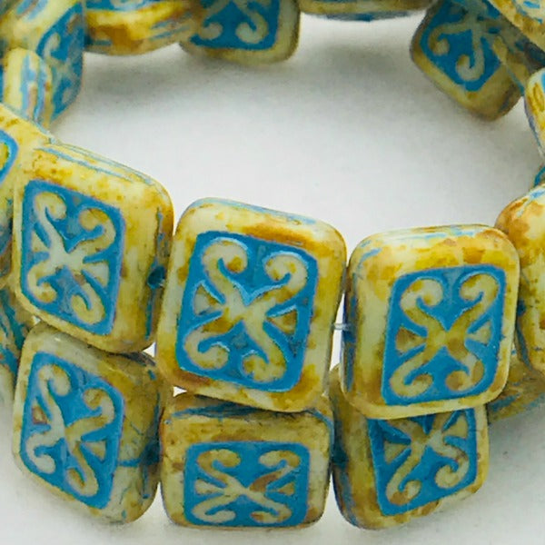 Ornamental Rectangle Czech Glass Bead 12x11 Beige Turquoise