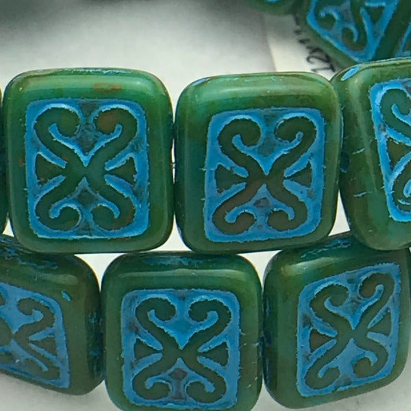 Ornamental Rectangle Czech Glass Bead 12x11 Green Turquoise
