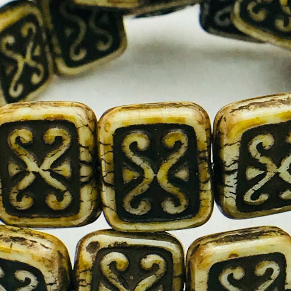 Ornamental Rectangle Czech Glass Bead 12x11 Brown