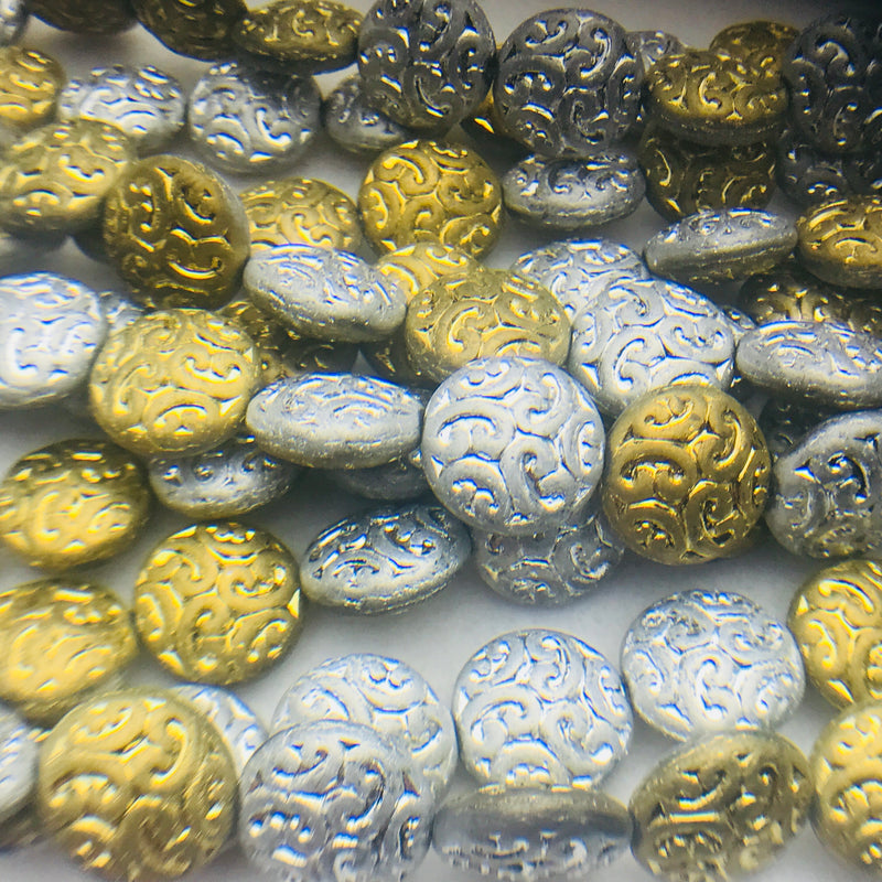Button Coin Czech Beads, Gold/SIlver 13mm