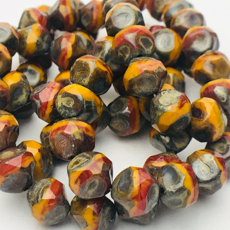 Baroque Czech Glass Beads, Pumpkin & Burnt Umber w/ Picasso, 8mm