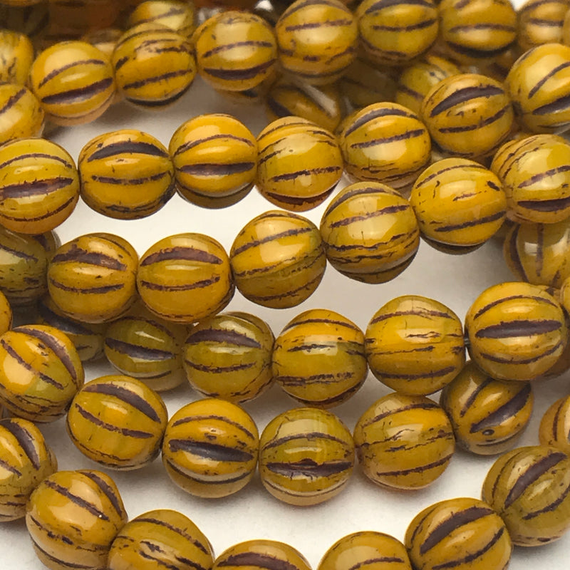 Melon Czech Glass Beads Yellow Gold with Brown Wash 6mm
