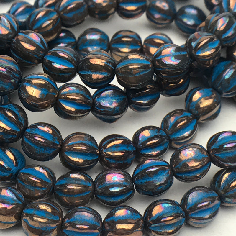 Melon Czech Glass Beads Metallic Bronze with Turquoise 6mm