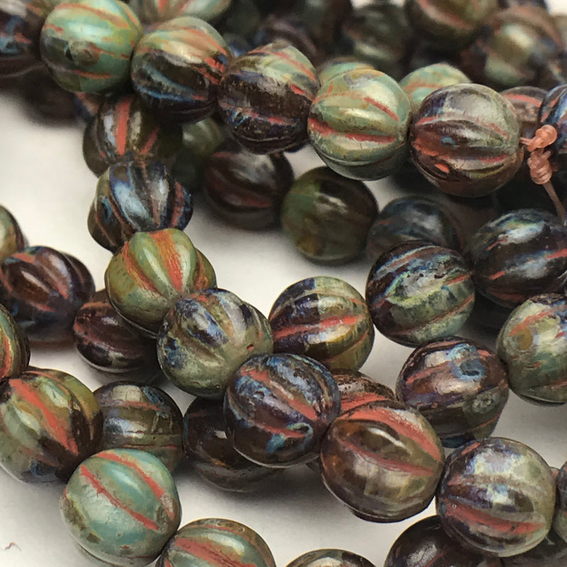 Melon Czech Glass Beads Brown Sage Coral with Picasso 6mm