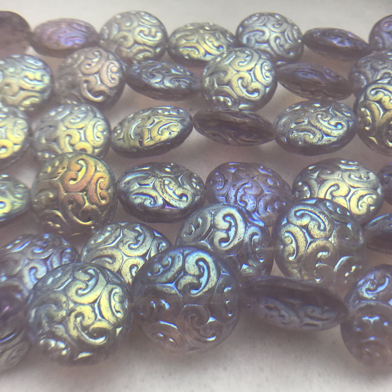 Button Coin Czech Beads, Transparent Light Amethyst 2AB 13mm