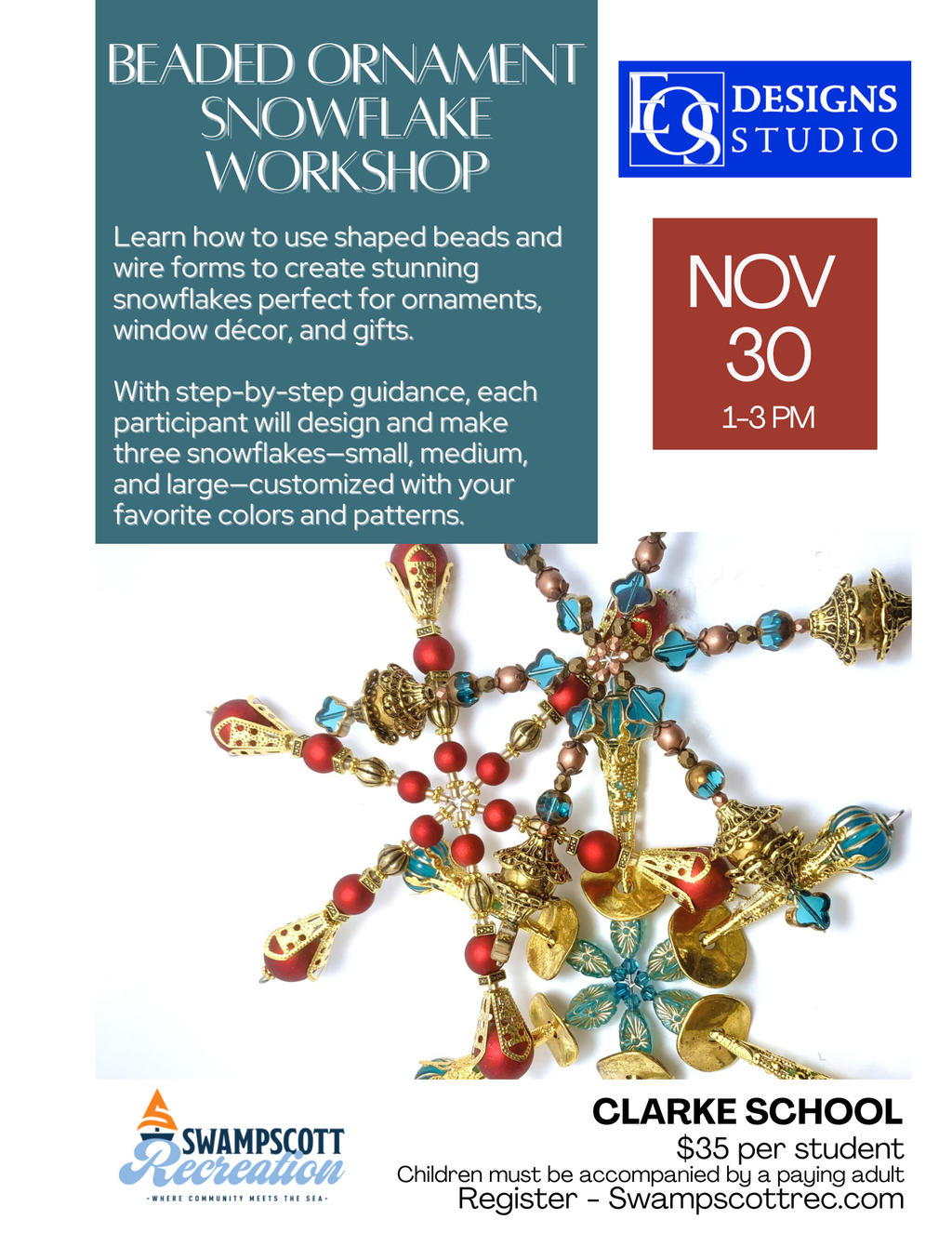 Beaded Snowflake Workshop ~  Sunday November 30th 1-3pm