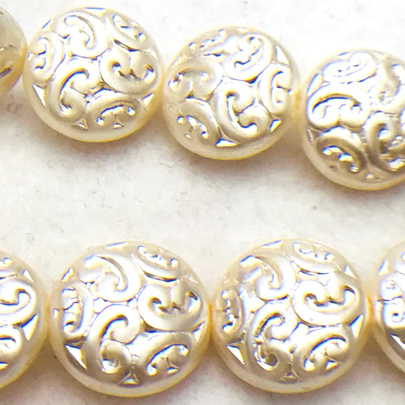 Button Coin Czech Beads,  Cream Pearl 13mm
