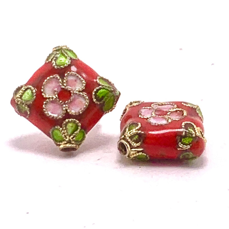 Cloisonne Floral Diamond Bead, Red with Pink 13mm