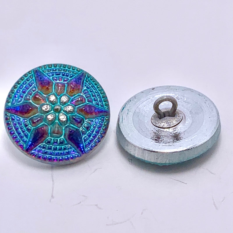Star Czech Button  18mm Amethyst AB, Turquoise Wash