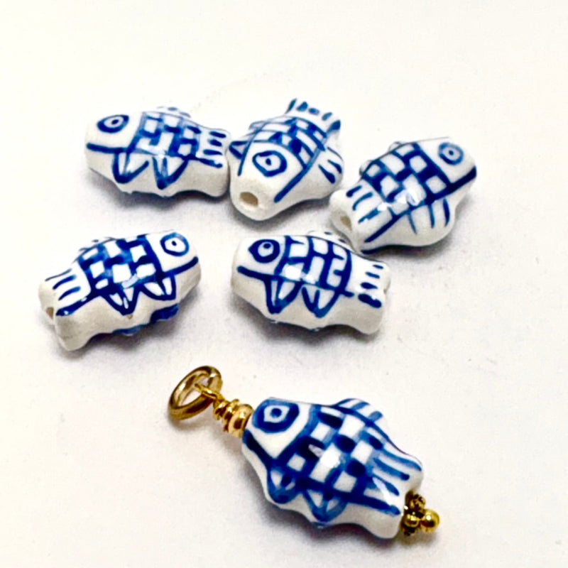 Blue & White Ceramic Fish Bead, 15mm