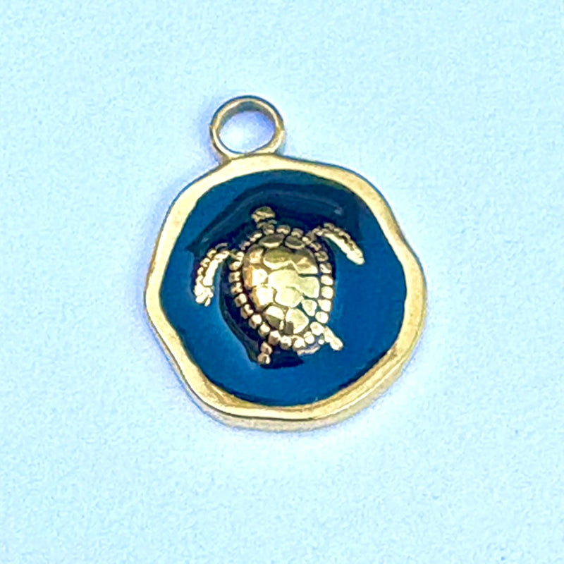 Gold Plated Turtle Coin Charm, Black Enamel, 15mm