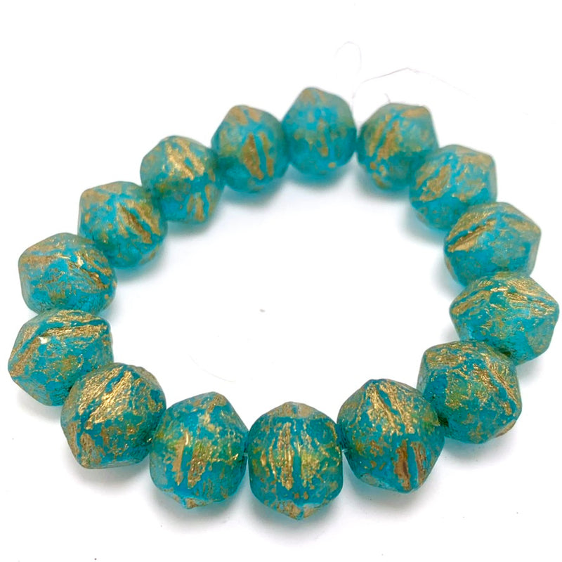 Antique English Cut Czech Glass Beads, Sky Blue with Etched Finish and Gold Wash, 10mm