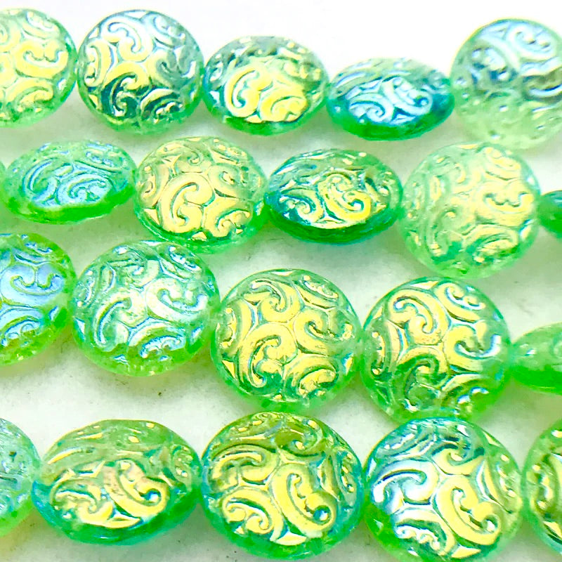 Button Coin Czech Beads, Mint Green AB 13mm