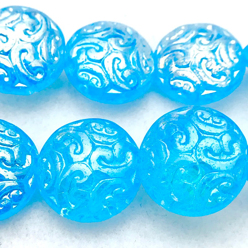 Button Coin Czech Beads, Aqua AB 13mm