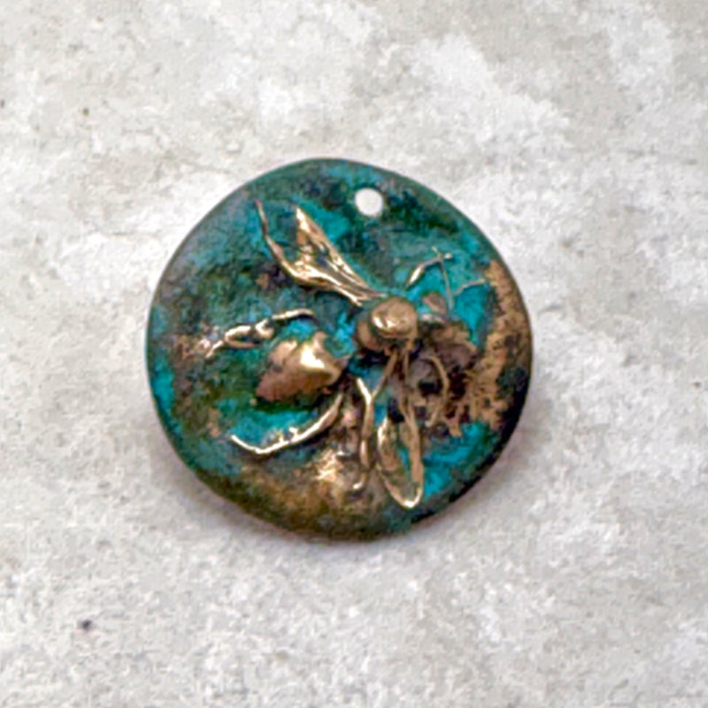 Bronze Patina Coin Charm with Bee Imprint, 20mm