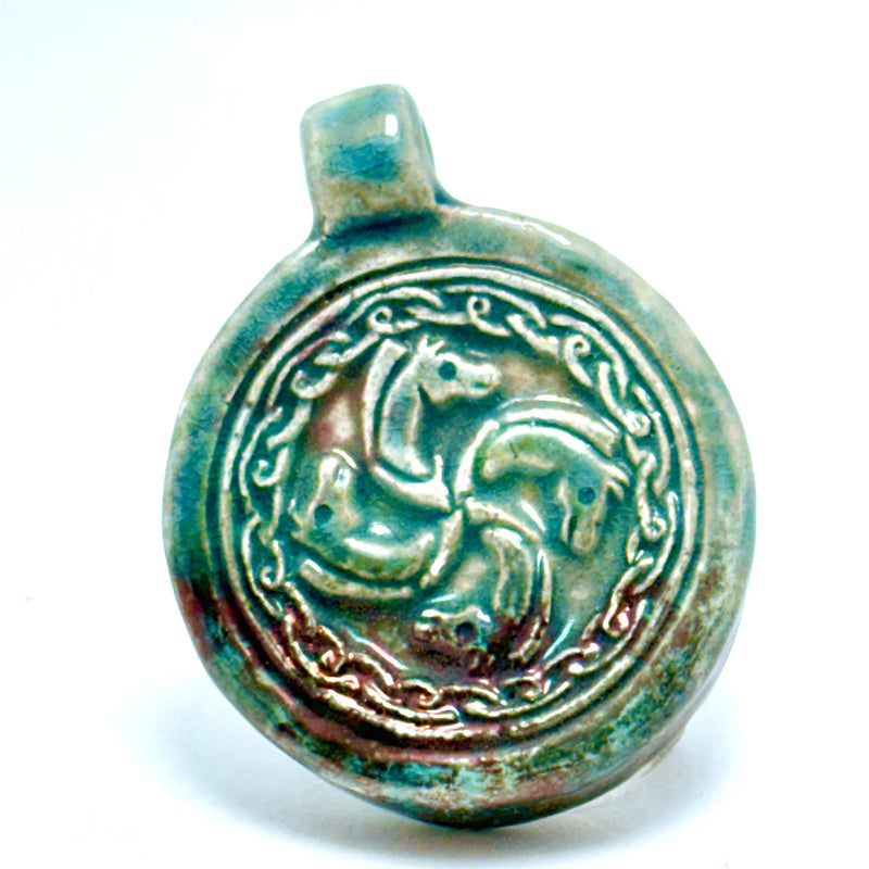 Connected Horse Heads Peruvian Ceramic Raku Pendant, 28mm