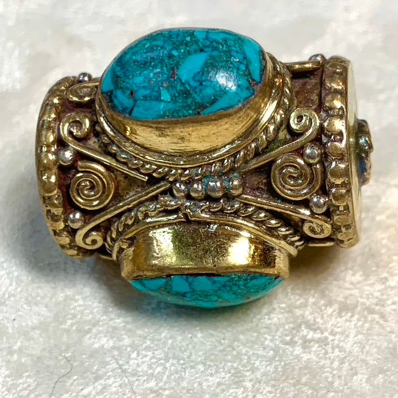Large Ornate Brass Tibetan Bead with Turquoise