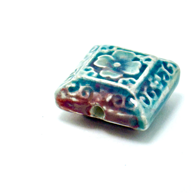 Flower Motif Tile Peruvian Ceramic Raku Bead , 19mm