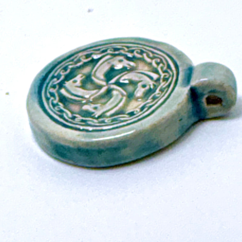 Connected Horse Heads Peruvian Ceramic Raku Pendant, 28mm