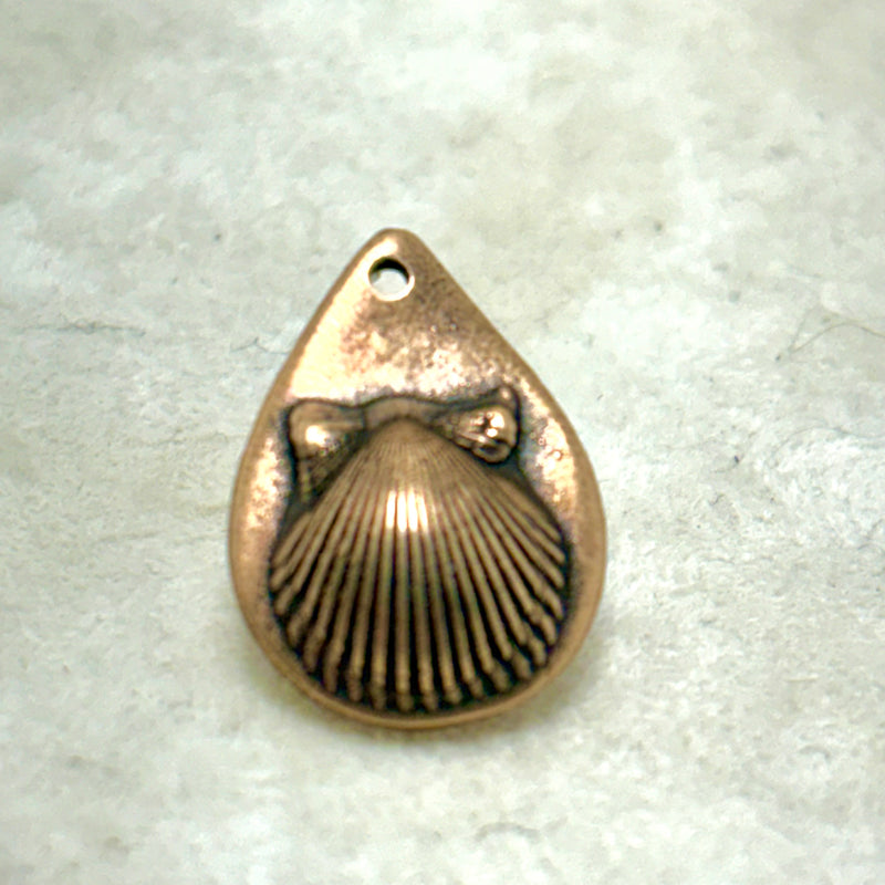 Bronze Teardrop Charm with Scallop Shell Imprint, 16mm